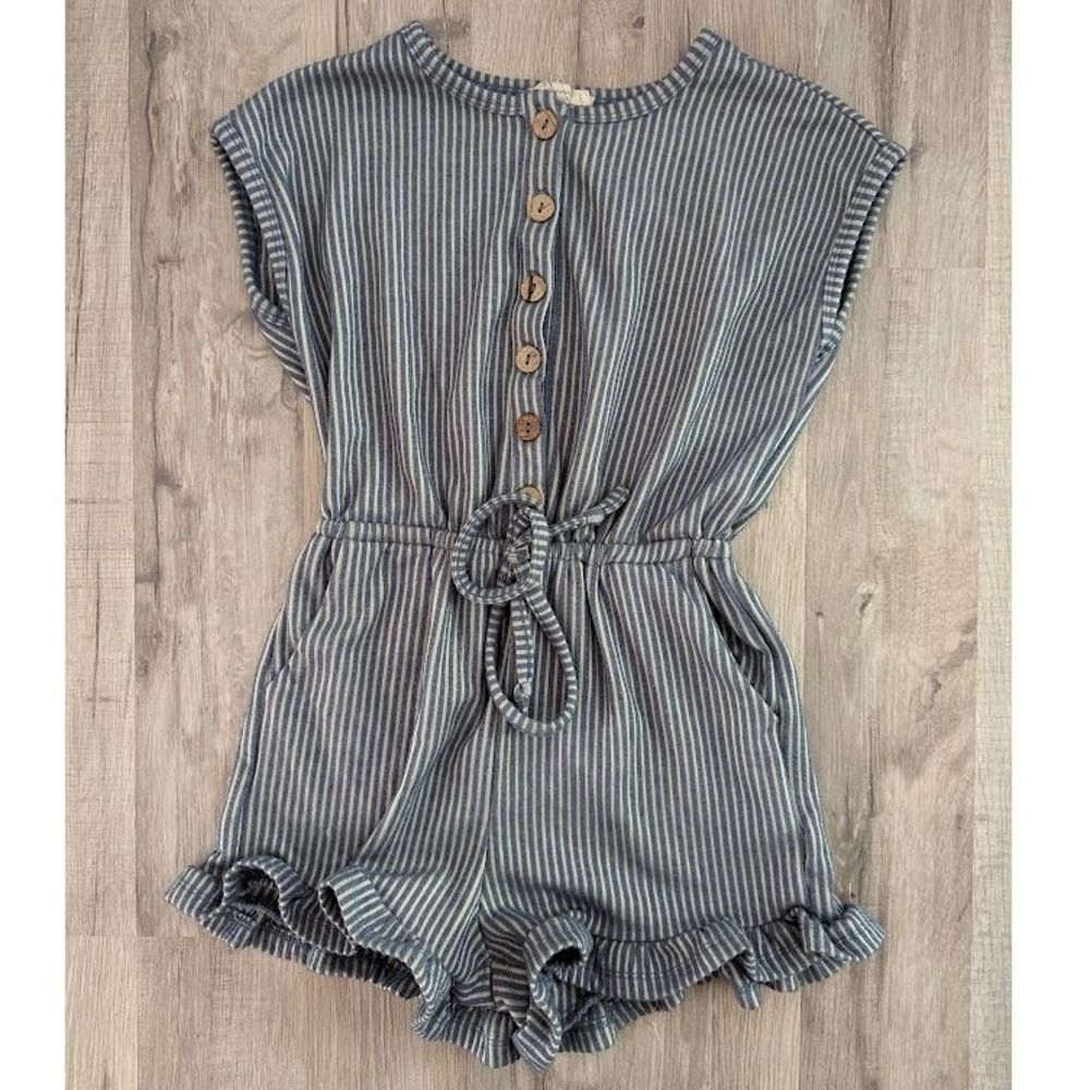 3/$20 Hayden GIrls Navy Blue Striped Button Front Ruffle Hem Romper, Size 5 (k9)